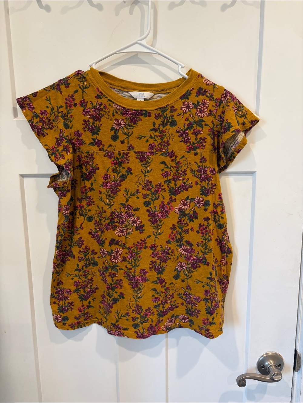 Time and Tru Mustard Yellow Floral Top with Pink and Green Accents